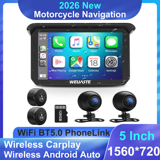 WEUASTE Portable Wireless Apple Carplay for Motorcycle, 1080P Dual Motorcycle Camera (IMX307 chip), Motorbike Dash Cam, Motorbike TPMS, 5" IPS Waterproof Touch Screen, 128 GB TF Card, Support Siri