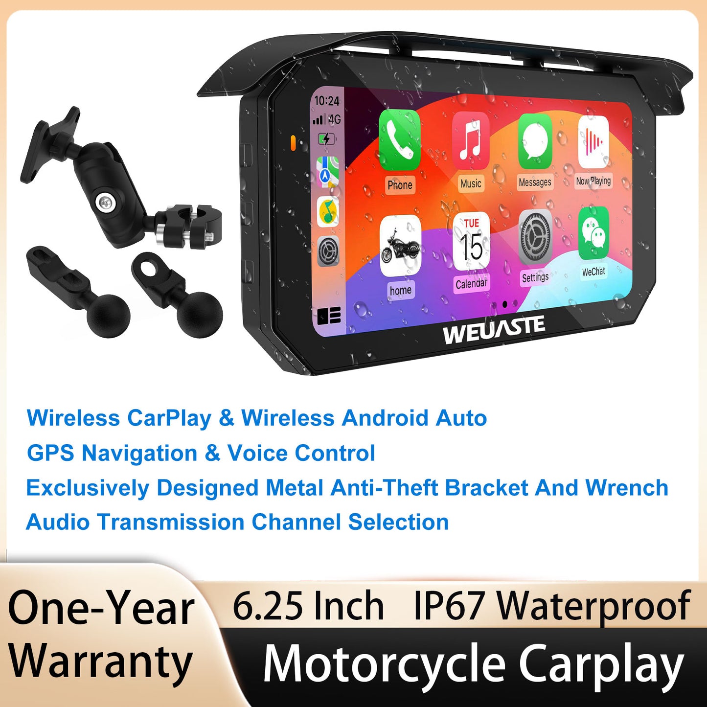 Weuaste MT92C 6.25" Motorcycle Carplay Screen, HD 1080P Dual Dash Cam + First-Person Camera, Moto TPMS, Wireless Car Play/Android Auto/HiCar, Loop Recording, Controller, Metal Anti-Theft Bracket