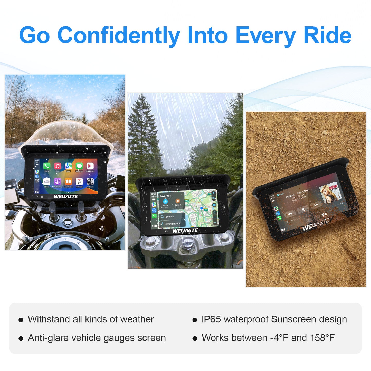 WEUASTE Portable Wireless Apple Carplay for Motorcycle, 1080P Dual Motorcycle Camera (IMX307 chip), Motorbike Dash Cam, Motorbike TPMS, 5" IPS Waterproof Touch Screen, 128 GB TF Card, Support Siri