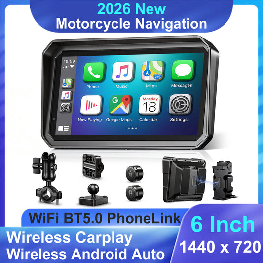 Weuaste 6" Motorcycle CarPlay Screen & Android Auto, TPMS, Quick Release Mount, IP69K Waterproof, Navigation Display, Auto Brightness, ACC Power, Anti-Theft Detachable Design and Multi-Mount Installation