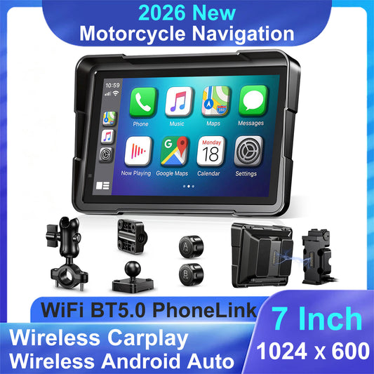 Weuaste 7" Motorcycle CarPlay Screen & Android Auto, TPMS, Quick Release Mount, IP69K Waterproof, Navigation Display, Auto Brightness, ACC Power, Anti-Theft Detachable Design and Multi-Mount Installation
