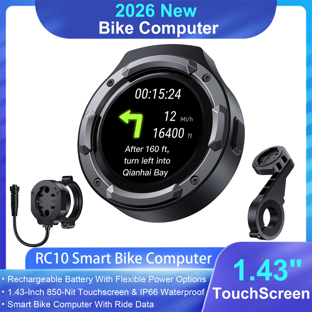 Weuaste RC10 Smart Bike Computer, 1.43" Touchscreen, Speedometer & Odometer, 850-Nit Display, Ride Data, Call & Message Alerts, IP66 Waterproof, Quick-Twist Mount for Bike, E-Bike & Motorcycle