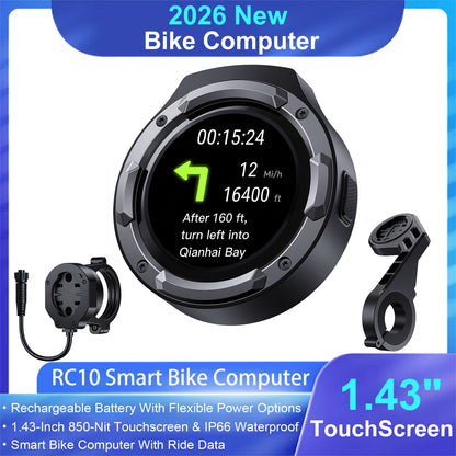 Weuaste RC10 Smart Bike Computer, 1.43" Touchscreen, Speedometer & Odometer, 850-Nit Display, Ride Data, Call & Message Alerts, IP66 Waterproof, Quick-Twist Mount for Bike, E-Bike & Motorcycle