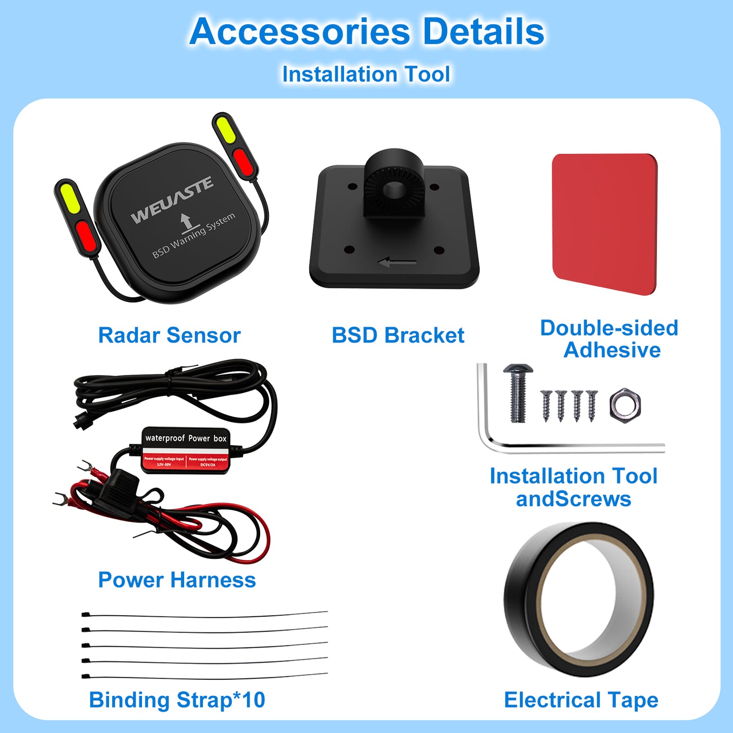 Weuaste BSD01 Motorcycle BSD Blind Spot Detection System, 24GHz Millimeter-Wave Radar, RCW Rear Collision Warning, IP67 Waterproof, All-Weather Safety Protection with LED Indicators Alert for All Moto