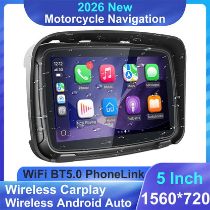 WEUASTE Portable Apple Carplay Screen for Motorcycle, Wireless Apple Car Play & Android Auto GPS for Motorbike, 5" IPS Touch Screen, IPX7 Waterproof, Dual Bluetooth, Support Siri and Google Assistant