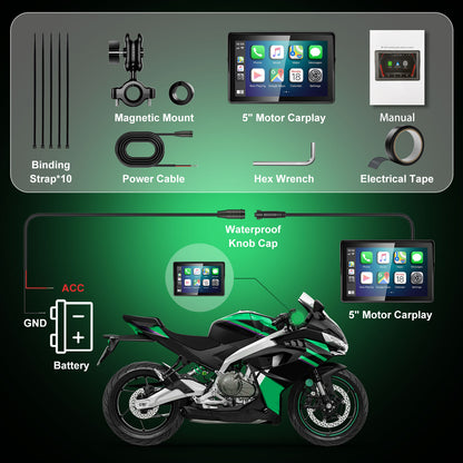 2026 WEUASTE GPS Carplay 5 inch for Motorcycle with Wireless CarPlay & Android Auto, IP69K Waterproof Touch Screen, GPS Navigation, Supports Bluetooth, Siri/Google Voice Control, Custom Boot Logo, Bracket