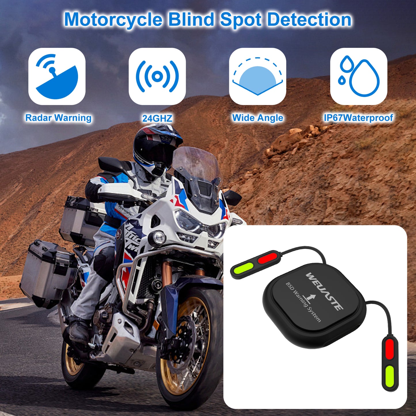 Weuaste BSD01 Motorcycle BSD Blind Spot Detection System, 24GHz Millimeter-Wave Radar, RCW Rear Collision Warning, IP67 Waterproof, All-Weather Safety Protection with LED Indicators Alert for All Moto