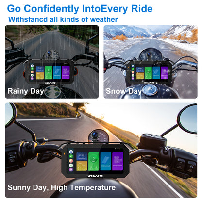 Weuaste MT92C 6.25" Motorcycle Carplay Screen, HD 1080P Dual Dash Cam + First-Person Camera, Moto TPMS, Wireless Car Play/Android Auto/HiCar, Loop Recording, Controller, Metal Anti-Theft Bracket