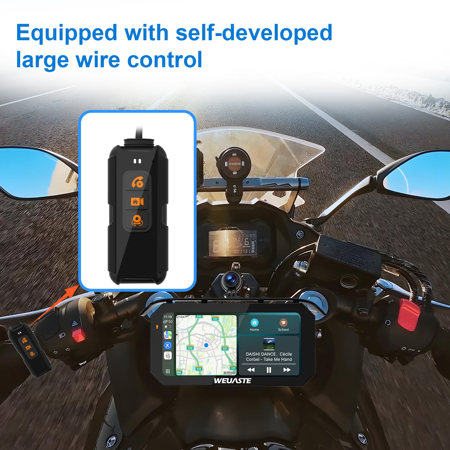 Weuaste MT92C 6.25" Motorcycle Carplay Screen, HD 1080P Dual Dash Cam + First-Person Camera, Moto TPMS, Wireless Car Play/Android Auto/HiCar, Loop Recording, Controller, Metal Anti-Theft Bracket