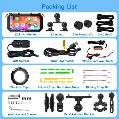 Weuaste MT92C 6.25" Motorcycle Carplay Screen, HD 1080P Dual Dash Cam + First-Person Camera, Moto TPMS, Wireless Car Play/Android Auto/HiCar, Loop Recording, Controller, Metal Anti-Theft Bracket