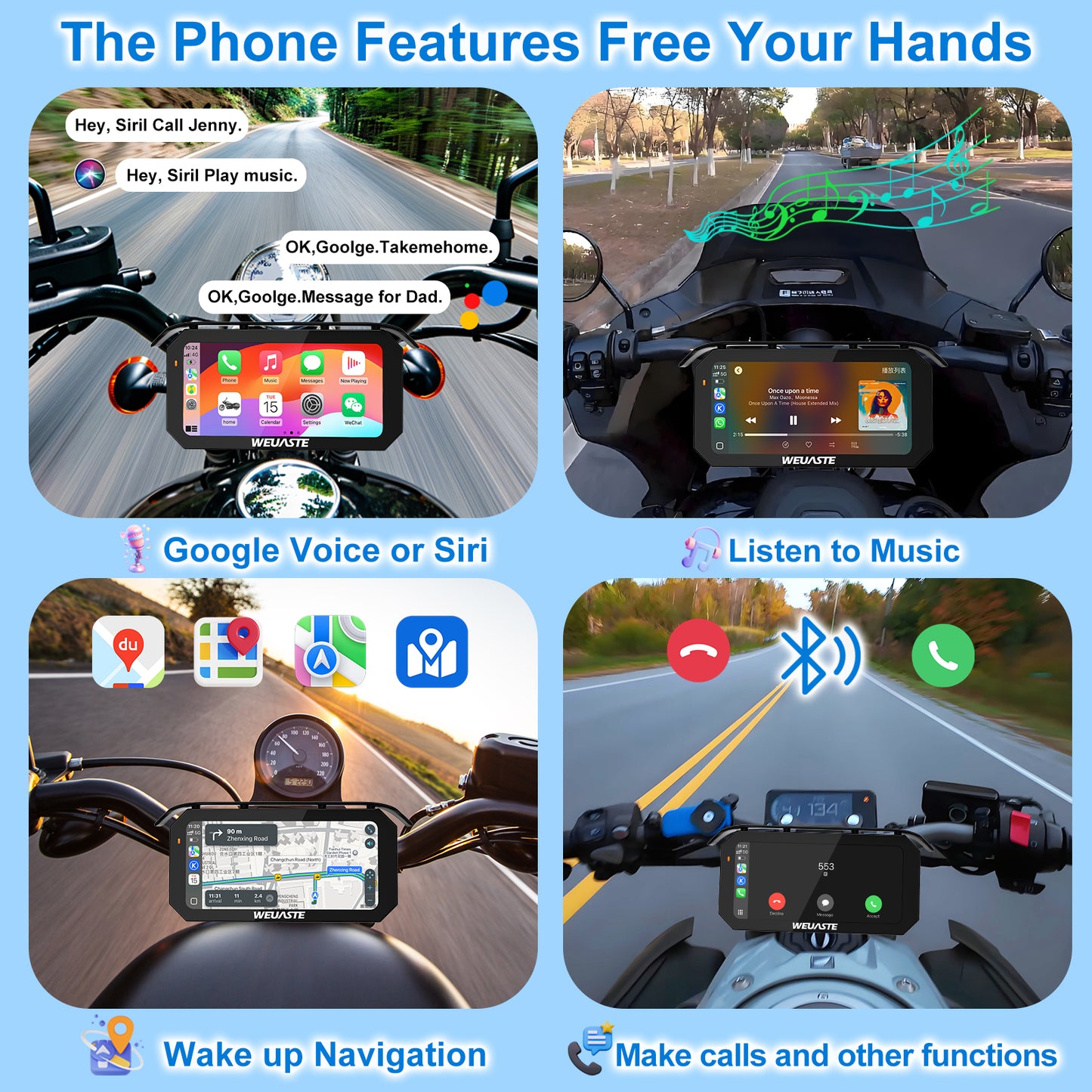 Weuaste MT92A for Motorcycle CarPlay& Android Auto& HiCar, 6.25" Waterproof GPS Navigation for Motorbike, Metal aAnti-theft Bracket, Portable Moto GPS Car Play, Fully laminated Screen, High Brightness