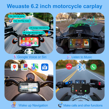 Weuaste MT92C 6.25" Motorcycle Carplay Screen, HD 1080P Dual Dash Cam + First-Person Camera, Moto TPMS, Wireless Car Play/Android Auto/HiCar, Loop Recording, Controller, Metal Anti-Theft Bracket