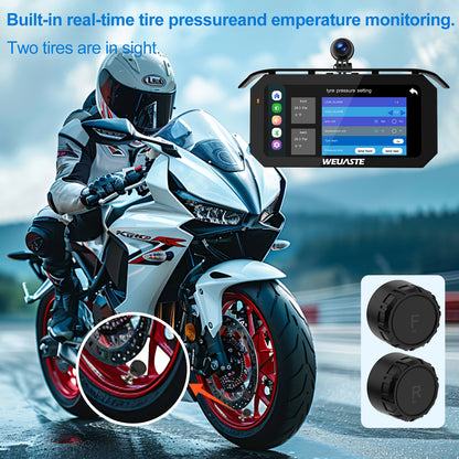 Weuaste MT92C 6.25" Motorcycle Carplay Screen, HD 1080P Dual Dash Cam + First-Person Camera, Moto TPMS, Wireless Car Play/Android Auto/HiCar, Loop Recording, Controller, Metal Anti-Theft Bracket