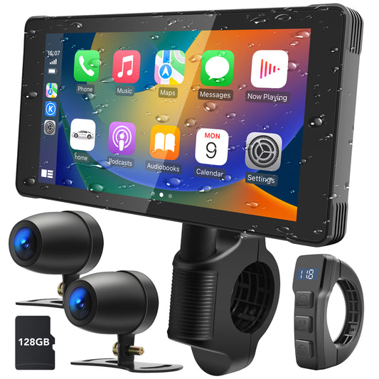 WEUASTE 5.5" Motorcycle Dash Cam DVR, Motorcycle Carplay & Android Auto, Motorbike GPS Navigation System, Dual HD 1080P Cameras, IP66 Waterproof, Digital Remote Control, 128GB SD Card, Support Siri