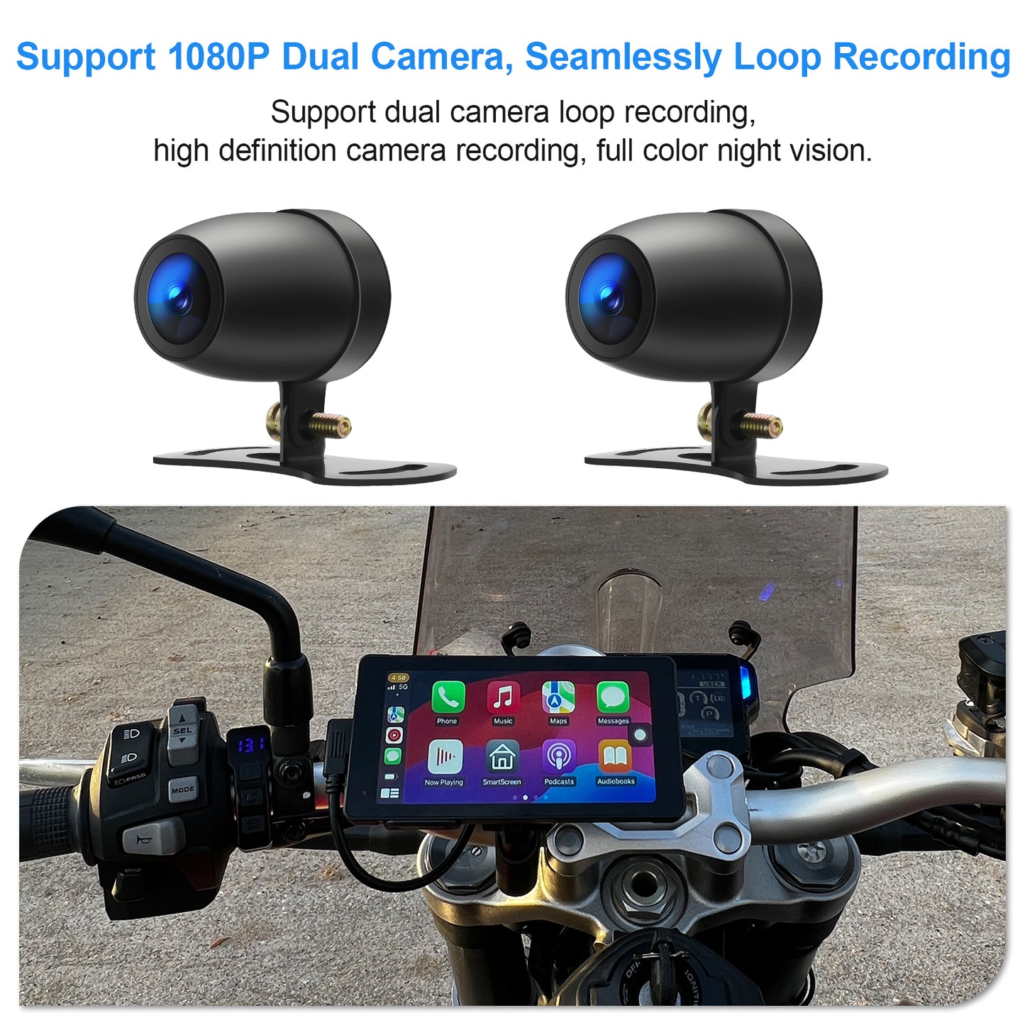 WEUASTE 5.5" Motorcycle Dash Cam DVR, Motorcycle Carplay & Android Auto, Motorbike GPS Navigation System, Dual HD 1080P Cameras, IP66 Waterproof, Digital Remote Control, 128GB SD Card, Support Siri