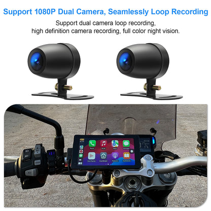WEUASTE 5.5" Motorcycle Dash Cam DVR, Motorcycle Carplay & Android Auto, Motorbike GPS Navigation System, Dual HD 1080P Cameras, IP66 Waterproof, Digital Remote Control, 128GB SD Card, Support Siri