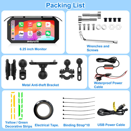Weuaste MT92A for Motorcycle CarPlay& Android Auto& HiCar, 6.25" Waterproof GPS Navigation for Motorbike, Metal aAnti-theft Bracket, Portable Moto GPS Car Play, Fully laminated Screen, High Brightness