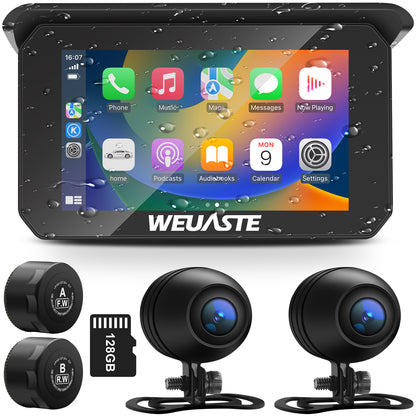 WEUASTE Portable Wireless Apple Carplay for Motorcycle, 1080P Dual Motorcycle Camera (IMX307 chip), Motorbike Dash Cam, Motorbike TPMS, 5" IPS Waterproof Touch Screen, 128 GB TF Card, Support Siri
