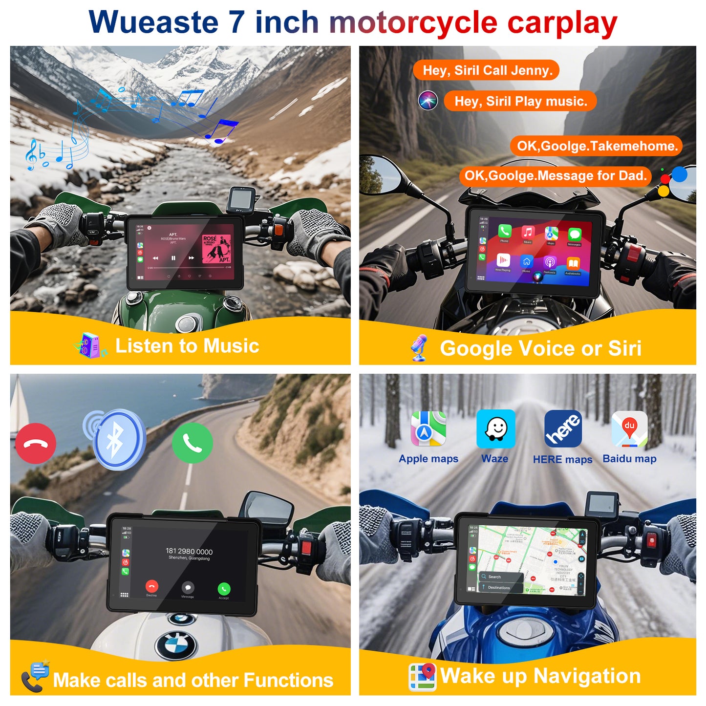 Weuaste MT700 Wireless Motorcycle CarPlay/Android Auto, 7" IP67 Waterproof GPS Navigation Touchscreen, Anti-Theft Design Quick-Release Magnetic Mount, Music Sharing, Light Sensor, Siri/Google Assistant